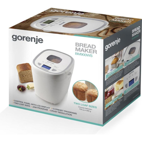 Хлебопечь Gorenje BM900WS Хлебопечь Gorenje, 13 программ, 2 размер выпечки, ЖК-дисплей, отсрочка старта 13 ч, размер выпечки 750-900 г, смотровое окошко, поддержание температуры, выбор цвета корочки, антипригарное покрытие, автоматическое отключение, цвет