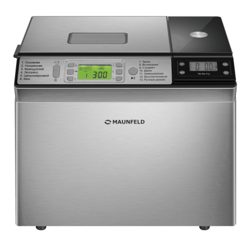 Хлебопечь/ Хлебопечка MAUNFELD MBM-900DSS, 13 программ, масса выпечки до 900 гр, 3 степени прожарки, отсрочка старта, поддержание температуры, диспенсер для ингридиентов, пауза, съемная форма, антипригарное покрытие, цвет нер. сталь