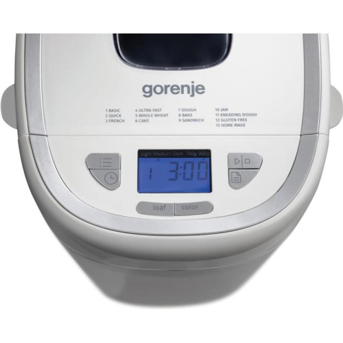 Хлебопечь Gorenje BM900WS Хлебопечь Gorenje, 13 программ, 2 размер выпечки, ЖК-дисплей, отсрочка старта 13 ч, размер выпечки 750-900 г, смотровое окошко, поддержание температуры, выбор цвета корочки, антипригарное покрытие, автоматическое отключение, цвет