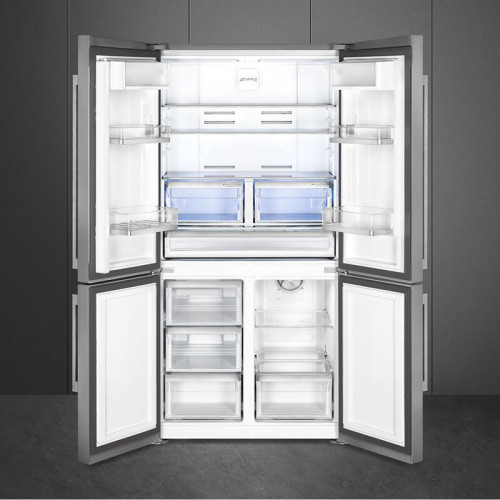 Холодильник SMEG/ Холодильник SMEG, отдельностоящий, 4-х дверный, LED дисплей на дверце, антибактериальное покрытие, конвекция, инверторный компрессор, сигнал повышения температуры, сигнал открытой дверцы, полный Nofrost, энергоэффективность Е, цвет нержа