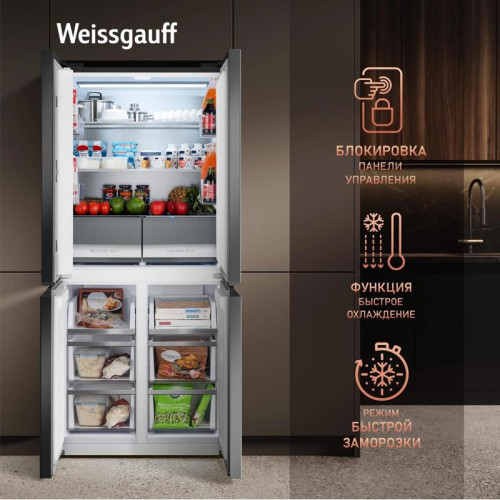 Холодильник Weissgauff WCD 450 Rock Glass NoFrost Inverter 3-хкамерн. графит темный