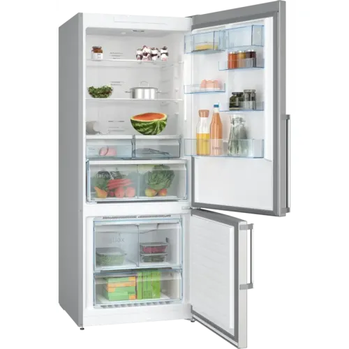 Full NoFrost, Serie 6, Габариты 186x75x80, Общий пол. объем: 521 (х:406, м:115), Нерж. сталь с легкой очисткой, Цифровой LCD дисплей, Внешние высокие металлические ручки, Multi Airflow, AirFresh Filter, Боковое LED освещение и точечное для зон свежести, Д