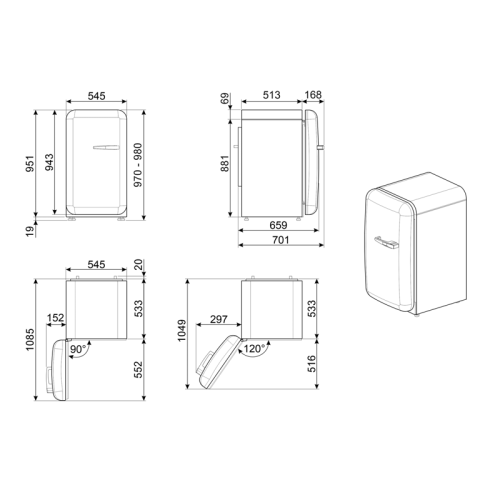 Холодильник SMEG/ Холодильник SMEG, отдельностоящий, стиль 50-х, однокамерный, внутренняя морозильная камера, объем 122 л, стандартный компрессор, энергоэффективность D, цвет белый