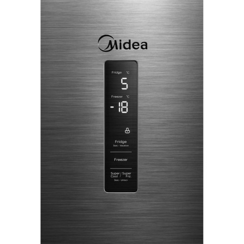 Холодильник MIDEA/ MDK/Холодильник MIDEA, отдельностоящий, полезный объем 386 л (263/123), Full No Frost, металлическая панель Metall Cooling, сенсорное управление, дисплей, 3D LED освещение, энергоэффективность А++, цвет нержавеющая сталь