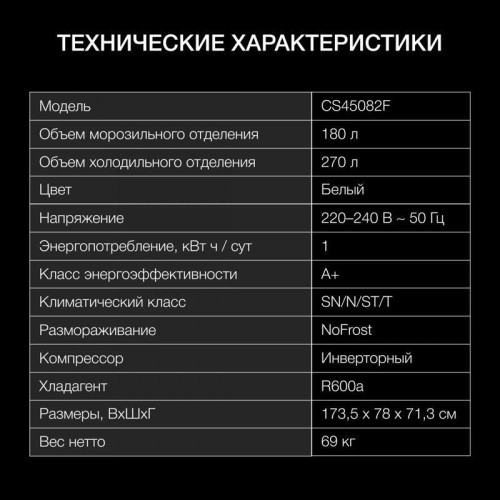 Холодильник Hyundai CS45082F 2-хкамерн. белый Холодильник Hyundai CS45082F 2-хкамерн. белый