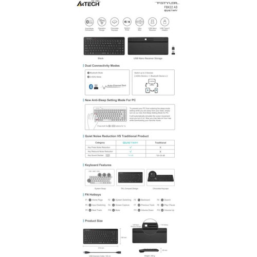 Клавиатура A4Tech Fstyler FBK22 AS черный USB беспроводная BT/Radio (FBK22 AS)