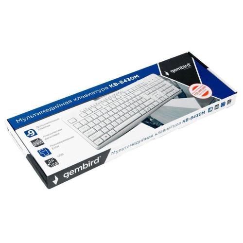 Клавиатура проводная Gembird KB-8430M, мембранная, 113 клавиш, мультимедиа, 9 доп. клавиш, кабель 1.5м, белая