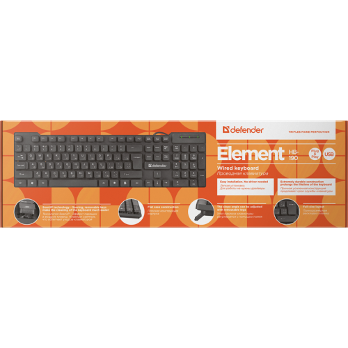Defender Проводная клавиатура Element HB-190 USB RU,черный,полноразмерная Defender Проводная клавиатура Element HB-190 USB RU,черный,полноразмерная