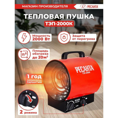 Тепловая пушка электрическая/ Тепловая пушка электрическая Ресанта ТЭП-2000К 2000Вт красный