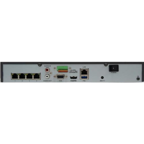 4-х канальный IP-регистратор c 4-мя PoE/ 4-х канальный IP-регистратор c 4-мя PoE интерфейсами, Видеовход: 4 IP@8Мп, Аудиовход: 1 канал RCA, Видеовыход: 1 VGA и 1 HDMI до 4К, Аудиовыход, 1 канал RCA, Видеосжатие H.265+/H.265/H.264+/H.264, Вх поток 40 Мбит/
