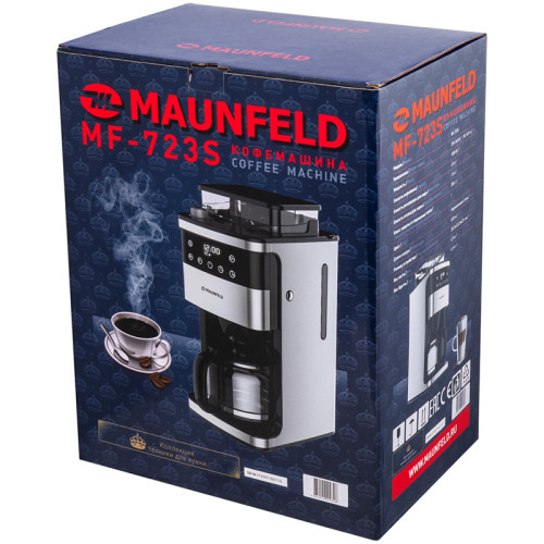Кофемашина капельного типа MAUNFELD/ Кофемашина капельного типа MAUNFELD MF-723S, мощность 1050 Вт, 8 степеней помола, таймер, отсрочка запуска, дисплей, регулировка крепости кофе, режим подогрева, объем кофейника 1,5 л , цвет нержавеющая сталь Кофемашина капельного типа MAUNFELD/ Кофемашина капельного типа MAUNFELD MF-723S, мощность 1050 Вт, 8 степеней помола, таймер, отсрочка запуска, дисплей, регулировка крепости кофе, режим подогрева, объем кофейника 1,5 л , цвет нержавеющая сталь