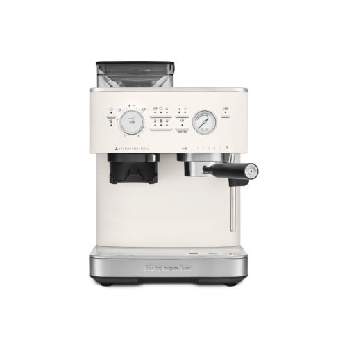 Полуавтоматическая кофемашина KitchenAid, давление 15 бар, 15 уровней помола, объем резервуара для воды 2.5 л, автоматический капучинатор, одновременное приготовление двух чашек, индикатор наличия зерен, индикация уровня воды, цвет фарфоровый белый