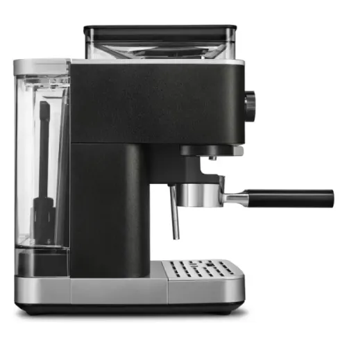 Полуавтоматическая кофемашина KitchenAid, давление 15 бар, 15 уровней помола, объем резервуара для воды 2.5 л, автоматический капучинатор, одновременное приготовление двух чашек, индикатор наличия зерен, индикация уровня воды, цвет черный чугун