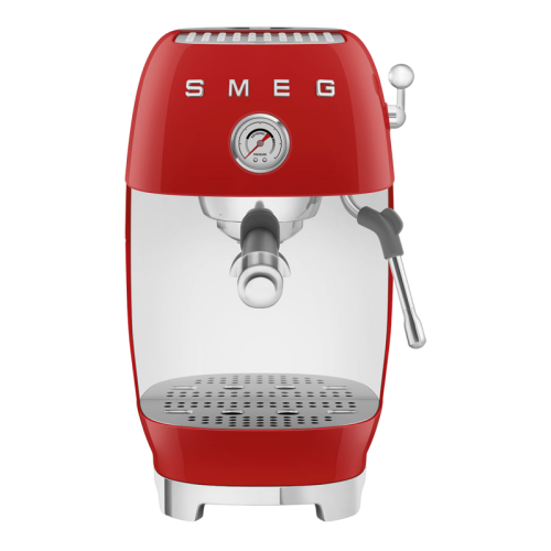 Рожковая эспрессо кофемашина SMEG, стиль 50-х г.г., функция эспрессо одинарный/двойной, сигнал о необходимости очистки, давление 15 бар, капучинатор, объем резервуара для воды 1.4 л, кнопочное управление, цвет красный