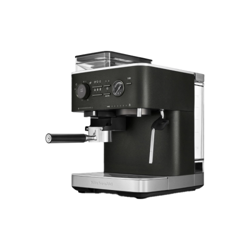 Полуавтоматическая кофемашина KitchenAid, давление 15 бар, 15 уровней помола, объем резервуара для воды 2.5 л, автоматический капучинатор, одновременное приготовление двух чашек, индикатор наличия зерен, индикация уровня воды, цвет черный чугун