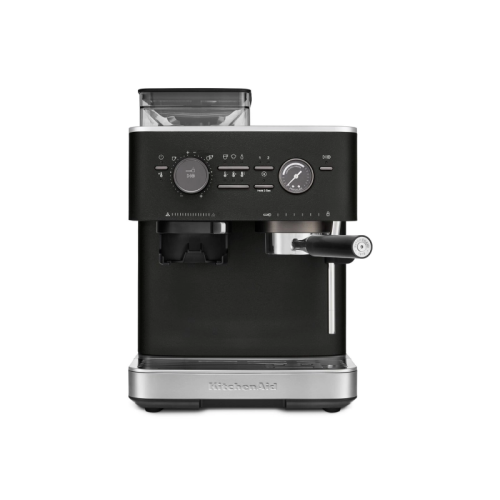 Полуавтоматическая кофемашина KitchenAid, давление 15 бар, 15 уровней помола, объем резервуара для воды 2.5 л, автоматический капучинатор, одновременное приготовление двух чашек, индикатор наличия зерен, индикация уровня воды, цвет черный чугун