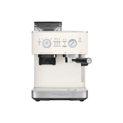 Полуавтоматическая кофемашина KitchenAid, давление 15 бар, 15 уровней помола, объем резервуара для воды 2.5 л, автоматический капучинатор, одновременное приготовление двух чашек, индикатор наличия зерен, индикация уровня воды, цвет фарфоровый белый