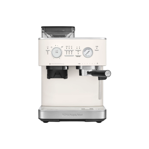 Полуавтоматическая кофемашина KitchenAid, давление 15 бар, 15 уровней помола, объем резервуара для воды 2.5 л, автоматический капучинатор, одновременное приготовление двух чашек, индикатор наличия зерен, индикация уровня воды, цвет фарфоровый белый