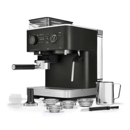 Полуавтоматическая кофемашина KitchenAid, давление 15 бар, 15 уровней помола, объем резервуара для воды 2.5 л, автоматический капучинатор, одновременное приготовление двух чашек, индикатор наличия зерен, индикация уровня воды, цвет черный чугун