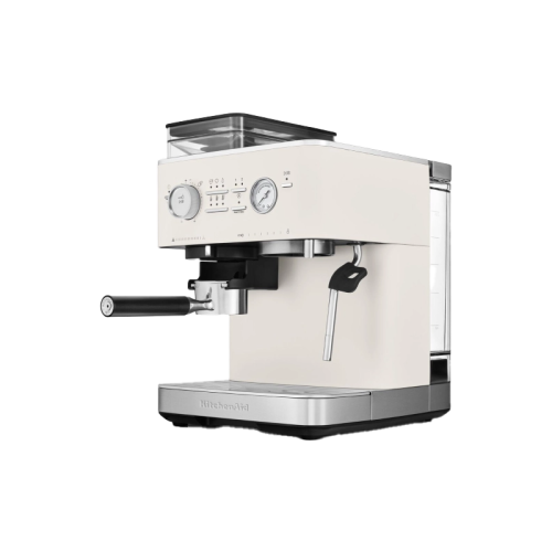 Полуавтоматическая кофемашина KitchenAid, давление 15 бар, 15 уровней помола, объем резервуара для воды 2.5 л, автоматический капучинатор, одновременное приготовление двух чашек, индикатор наличия зерен, индикация уровня воды, цвет фарфоровый белый