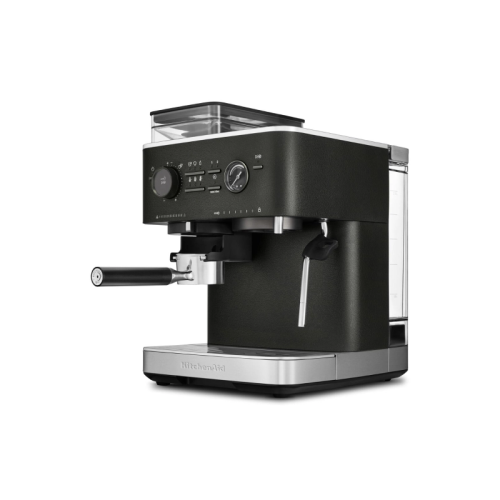 Полуавтоматическая кофемашина KitchenAid, давление 15 бар, 15 уровней помола, объем резервуара для воды 2.5 л, автоматический капучинатор, одновременное приготовление двух чашек, индикатор наличия зерен, индикация уровня воды, цвет черный чугун