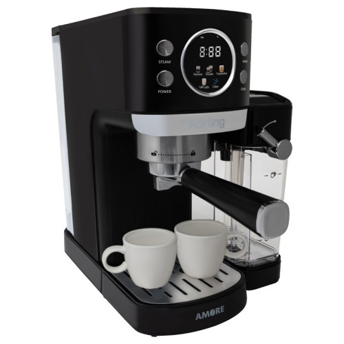 Кофеварка KORTING/ Кофеварка KORTING, рожковая, отдельностоящая, давление 20 бар, механическое управление, капучинатор, цветной дисплей, приготовление вспененного молока, таймер, защита от перегрева, подогрев чашек, противокапельная система, автоматическо