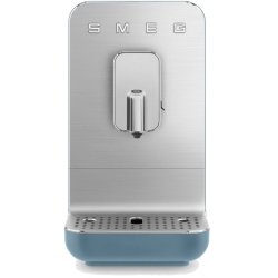 Автоматическая кофемашина Smeg, мощность 1350 Вт, регулируемый уровень помола, размер порции, жесткость воды, подсветка диспенсера, автоматическое выключение, кнопочное управление, объем резервуара 1.4 л, поддон для сбора капель, давление 19 бар, цвет син