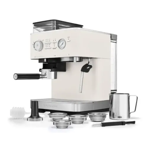 Полуавтоматическая кофемашина KitchenAid, давление 15 бар, 15 уровней помола, объем резервуара для воды 2.5 л, автоматический капучинатор, одновременное приготовление двух чашек, индикатор наличия зерен, индикация уровня воды, цвет фарфоровый белый