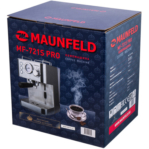 Кофемашина рожкового типа MAUNFELD/ Кофемашина рожкового типа MAUNFELD MF-721S PRO, мощность 1140 Вт, давление 15 бар, капучинатор, возможность приготовления 2 чашек, цвет нержавеющая сталь