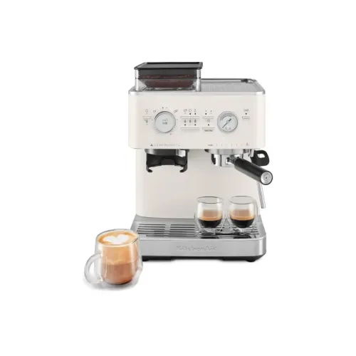 Полуавтоматическая кофемашина KitchenAid, давление 15 бар, 15 уровней помола, объем резервуара для воды 2.5 л, автоматический капучинатор, одновременное приготовление двух чашек, индикатор наличия зерен, индикация уровня воды, цвет фарфоровый белый