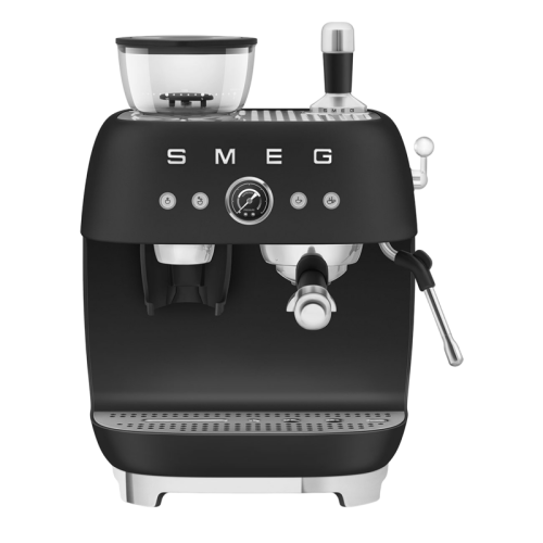 Ручная кофемашина с кофемолкой SMEG, мощность 1650 Вт, 15 бар, двойной термоблок, конические жернова, объем резервуара для воды 2.4л, кнопочное/рычажное управление, цвет черный
