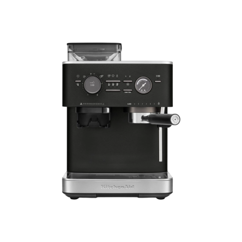 Полуавтоматическая кофемашина KitchenAid, давление 15 бар, 15 уровней помола, объем резервуара для воды 2.5 л, автоматический капучинатор, одновременное приготовление двух чашек, индикатор наличия зерен, индикация уровня воды, цвет черный чугун