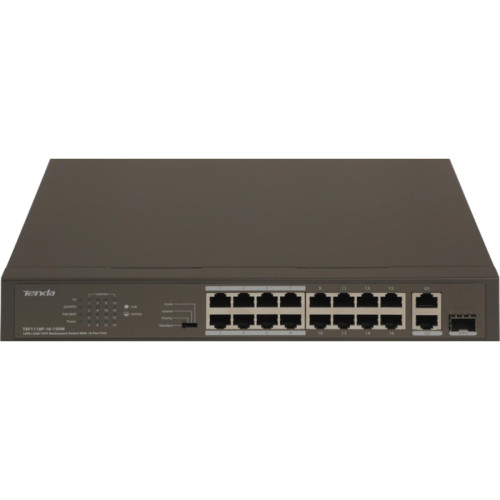 Коммутатор/ Tenda TEF1118P-16-150W Коммутатор неуправляемый PoE, 18 портов, 16х100 Мбит/с, 2x1 Гбит/с, PoE 16х30 Вт (до 130Вт), установка в стойку