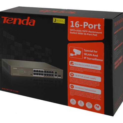 Коммутатор/ Tenda TEF1118P-16-150W Коммутатор неуправляемый PoE, 18 портов, 16х100 Мбит/с, 2x1 Гбит/с, PoE 16х30 Вт (до 130Вт), установка в стойку