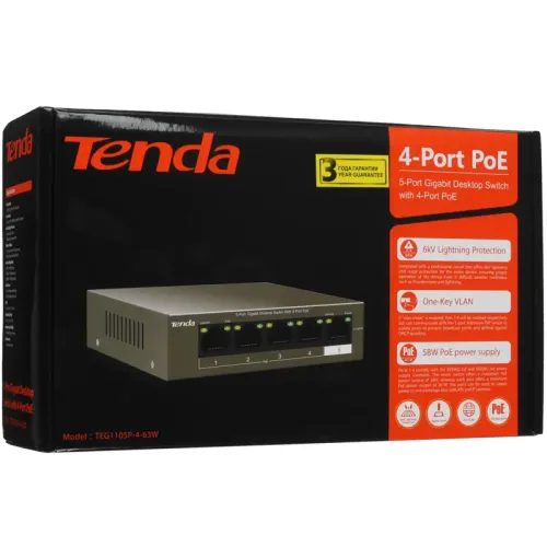 Коммутатор/ Tenda TEG1105P-4-63W   5-Port Gigabit Desktop Switch with 4-Port PoE