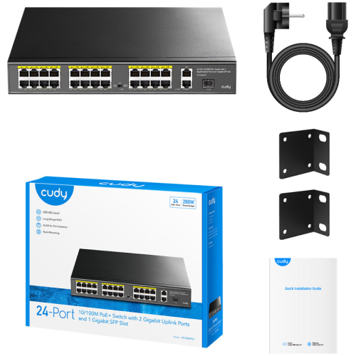 Коммутатор/ 24-Port 10/100M PSE RJ-45 +2 Gigabit RJ- 45 +1SFP Port with 24 POE Ports Switch with Built-in power supply, support 16-port IEEE 802.3at PoE+ Injector, Rack-mountable Steel case, 300W Internal