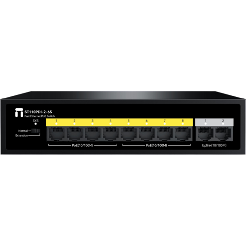 Коммутатор/ Неуправляемый PoE коммутатор Fast Ethernet, 8 портов 100 Мбит/с PoE+, 2 Uplink порта 100 Мбит/с RJ45, БП 65 Вт