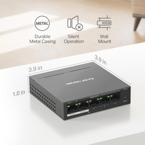 Коммутатор/ 5-Port Gigabit Desktop Switch with  4-Port PoE+ PORT: 4? Gigabit PoE+ Ports, 1? Gigabit Non-PoE Port SPEC: Compatible with 802.3af/at PDs, 65 W PoE Power, Desktop Steel Case, Wall Mounting FEATURE: Extend Mode for 250m PoE Transmitting, Priori