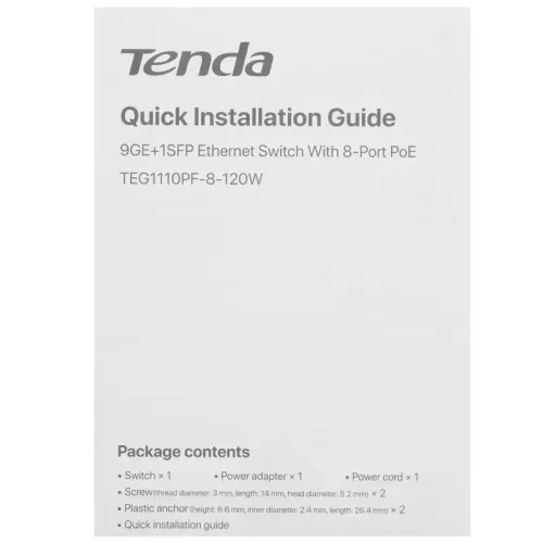 Коммутатор/ Tenda TEG1110PF-8-120W Коммутатор неуправляемый PoE, 10 портов, 9x1 Гбит/с, SFP 1х1 Гбит/с, PoE 8х30 Вт (до 102 Вт), настольный