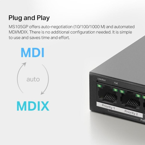 Коммутатор/ 5-Port Gigabit Desktop Switch with  4-Port PoE+ PORT: 4? Gigabit PoE+ Ports, 1? Gigabit Non-PoE Port SPEC: Compatible with 802.3af/at PDs, 65 W PoE Power, Desktop Steel Case, Wall Mounting FEATURE: Extend Mode for 250m PoE Transmitting, Priori