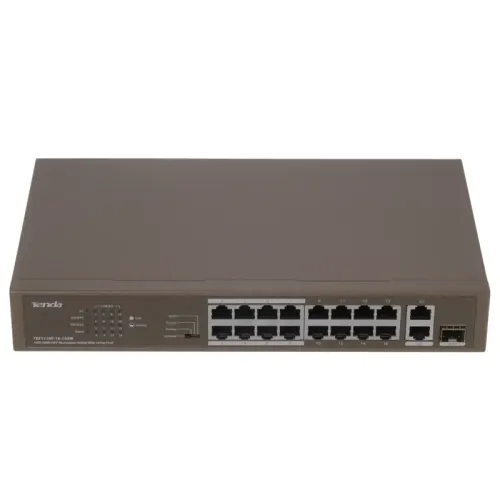 Коммутатор/ Tenda TEF1118P-16-150W Коммутатор неуправляемый PoE, 18 портов, 16х100 Мбит/с, 2x1 Гбит/с, PoE 16х30 Вт (до 130Вт), установка в стойку