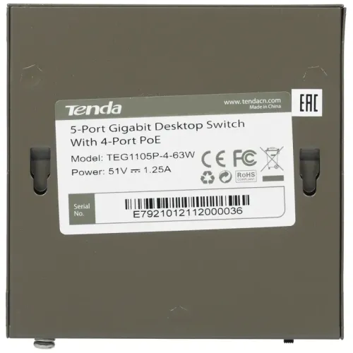 Коммутатор/ Tenda TEG1105P-4-63W   5-Port Gigabit Desktop Switch with 4-Port PoE