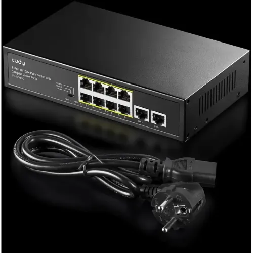 Коммутатор/ 8-Port 10/100M PSE RJ-45  +2 RJ45 10/100/1000M Uplink Port Unmanaged PoE+ Switch 120W, CCTV/VLAN mode support, long distance:250M at CCTV mode. Support PD Alive Function, ±4 KV Surge Protection,  802.3af/at standard,  Alternative 1/2(+),3/6(-)