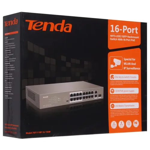 Коммутатор/ Tenda TEF1118P-16-150W Коммутатор неуправляемый PoE, 18 портов, 16х100 Мбит/с, 2x1 Гбит/с, PoE 16х30 Вт (до 130Вт), установка в стойку