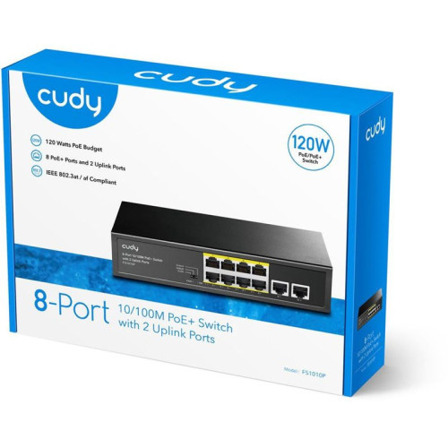 Коммутатор/ 8-Port 10/100M PSE RJ-45  +2 RJ45 10/100M Uplink Port Unmanaged PoE+ Switch 120W, CCTV/VLAN mode support, long distance:250M at CCTV mode.  802.3af/at standard, Support PD Alive Function, ±4 KV Surge Protection, Alternative 1/2(+),3/6(-),Steel