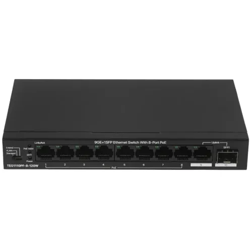 Коммутатор/ Tenda TEG1110PF-8-120W Коммутатор неуправляемый PoE, 10 портов, 9x1 Гбит/с, SFP 1х1 Гбит/с, PoE 8х30 Вт (до 102 Вт), настольный