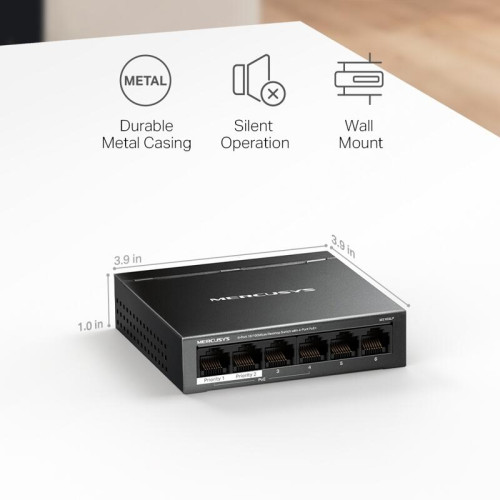 Коммутатор/ 6-Port 10/100 Mbps Desktop Switch with 4-Port PoE+ PORT: 4? 10/100 Mbps PoE+ Ports, 2? 10/100 Mbps Non-PoE Ports SPEC: Compatible with 802.3af/at PDs, 40 W PoE Power, Desktop Steel Case, Wall Mounting FEATURE: Extend Mode for 250m PoE Transmit