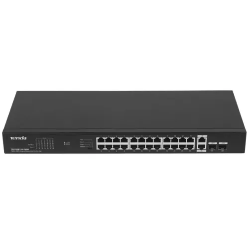 Коммутатор/ Tenda TEG1128P-24-250W Коммутатор неуправляемый PoE, 26x1 Гбит/с, PoE 24х30 Вт (до 230Вт), SFP 2х1 Гбит/с, установка в стойку