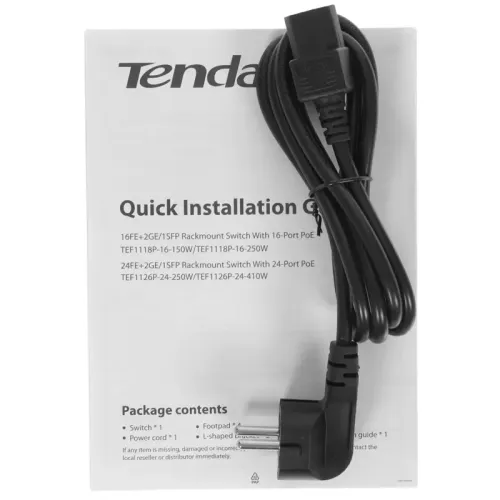 Коммутатор/ Tenda TEF1118P-16-150W Коммутатор неуправляемый PoE, 18 портов, 16х100 Мбит/с, 2x1 Гбит/с, PoE 16х30 Вт (до 130Вт), установка в стойку