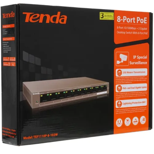 Коммутатор/ Коммутатор 8PORT 100M 8POE TEF1110P-8-102W TENDA
